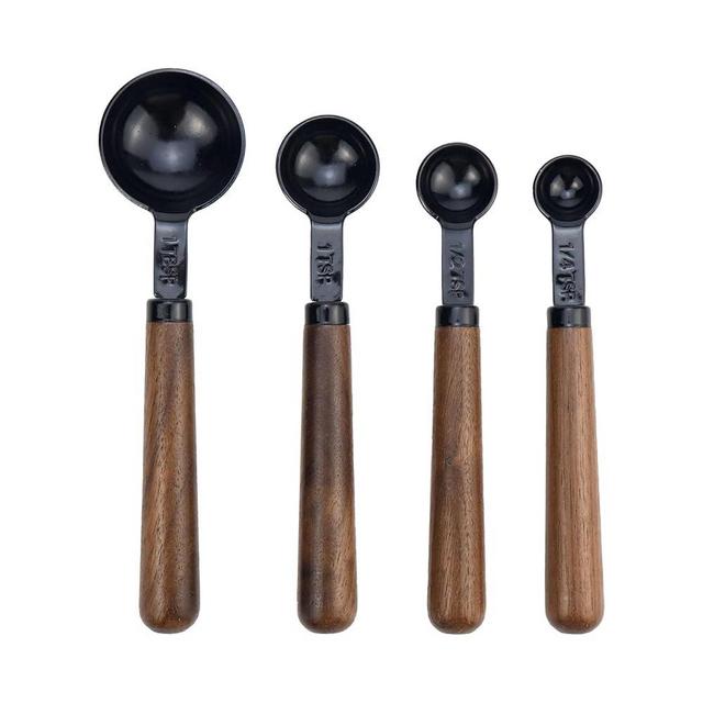 Mewutal Set of 4 Measuring Spoons Black Measuring Scoops with Wooden Handle Stainless Steel Measuring Spoons Set for Kitchen Flour Spice Seasoning Measurement (15ml+5ml+2.5ml+1.25ml)