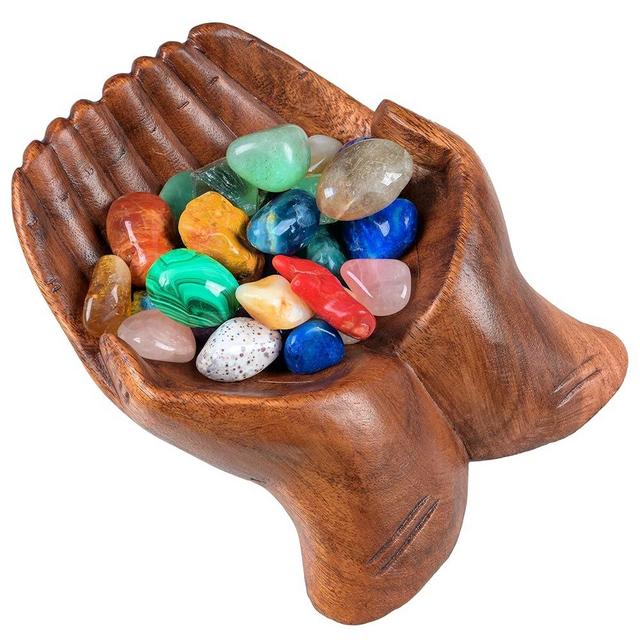 Curawood Carved Hands Offering Bowl - Showcase Your Healing Stones - Crystal Holder for Stones - Key Bowl - Crystal Storage Tray - Decorative Hand Bowl for Rock Display - Crystal Shelf Display Stand