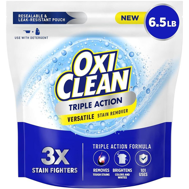 OxiClean Triple Action Versatile Stain Remover Powder, Use with Detergent, Removes Tough Stains like Grease, Blood and Grass, Brightens Colors and Whites, Chlorine Free, 6.5 lbs
