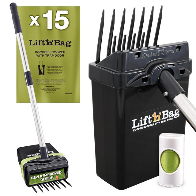 Neater Pet Brands Lift N’ Bag 2.0 Dog Pooper Scooper with Bag Attachment & 22" Pole for Small to Large Dogs, New & Improved Design, 15 Refill Bags, Heavy Duty Dog Poop Scooper for Yard, One-Hand Use