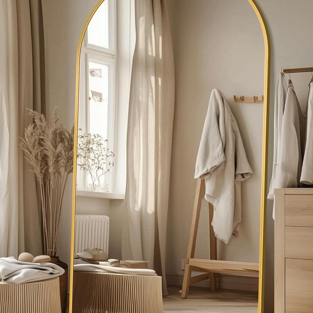 Antok Full Length Mirror, 78"x38" Floor Mirror with Stand, Hanging Mounted Mirrors for Bedroom, Living Room, Cloakroom, Dining Room, Gold, Arched