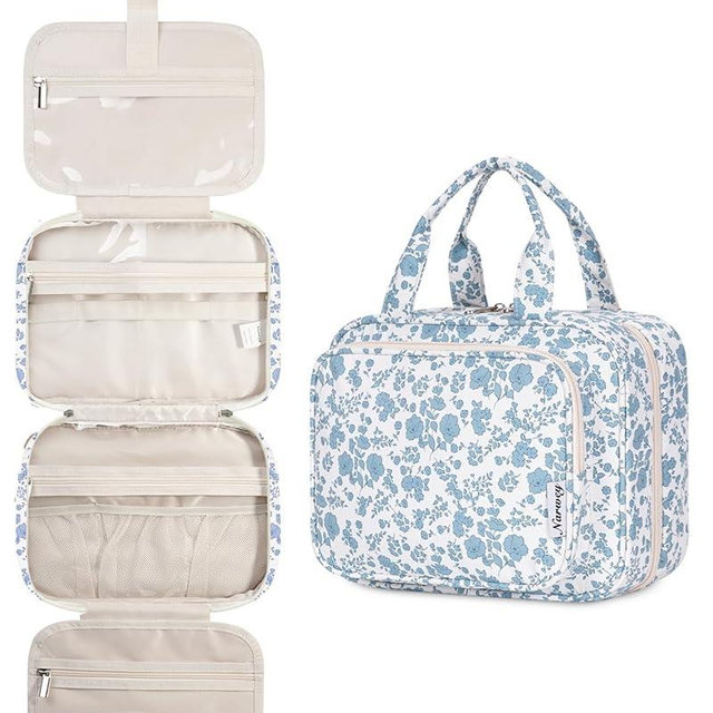 Narwey Hanging Floral Toiletry Bag for Women Travel Makeup Bag Organizer Toiletries Bag for Travel Size Essentials Accessories Cosmetics (Little Blue Flower (Medium))