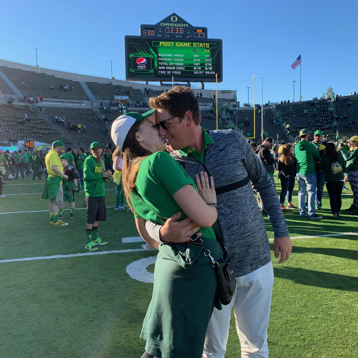 An unforgettable weekend to Eugene only 10 days into dating.  Oregon beat Washington 30-27.  This has been Connor's phone wallpaper ever since.