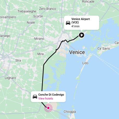 The drive from Venice Marco Polo International Airport (VCE) to Conche di Codevigo.