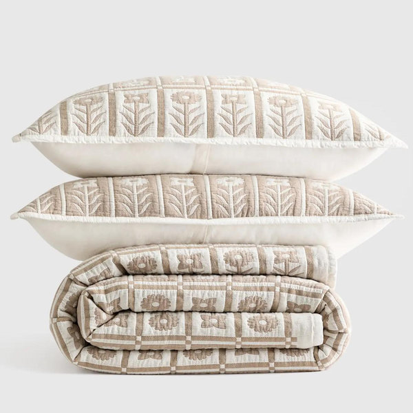 Organic Cotton Jacquard Floral Coverlet Set - Toffee, King/Cal King