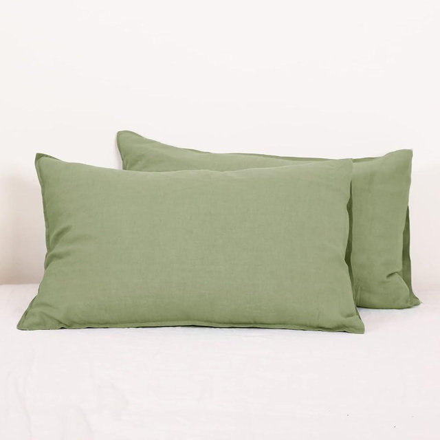 Simple&Opulence 100% Linen Pillowcases Basic Style Solid Color Set of 2, Queen Size Stone Washed Flax Pillow Cover Envelope Closure (20''x30'', Sage Green)
