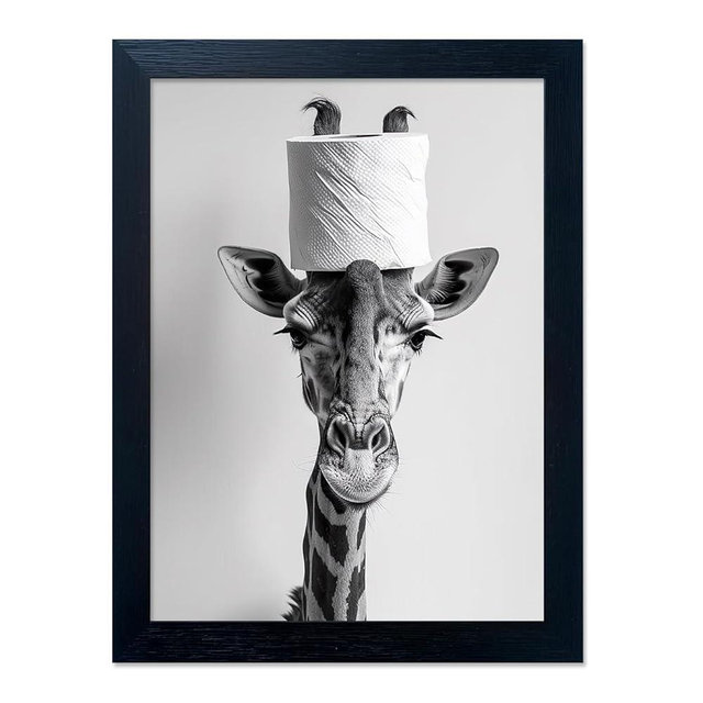 Framed Funny Bathroom Wall Art, Giraffe with a Toilet Paper Roll on Head Decor, Black and White Bathroom Pictures Wall Decor, Humor Animal Canvas Print Artwork