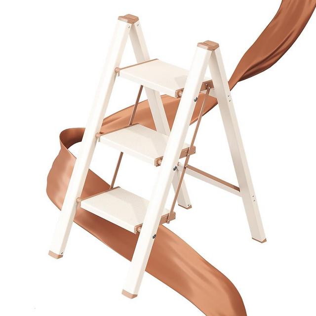 GameGem 3 Step Ladder, Folding Step Stool with Wider Pedal, Anti-Slip Feet & Non Slip Stripes, Aluminum Sturdy Material, 330Lbs Capacity, Elegant Look of Chocolate White Better Matches Your Home