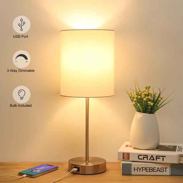 USB Bedside Table Lamp, 3-Way Dimmable Touch Lamp Modern Nightstand Lamp with Round Fabric Lampshade Metal Base Ambient Light for Bedroom, Office, Guest Room, Dorm, 6W 2700K LED Edison Bulb Included