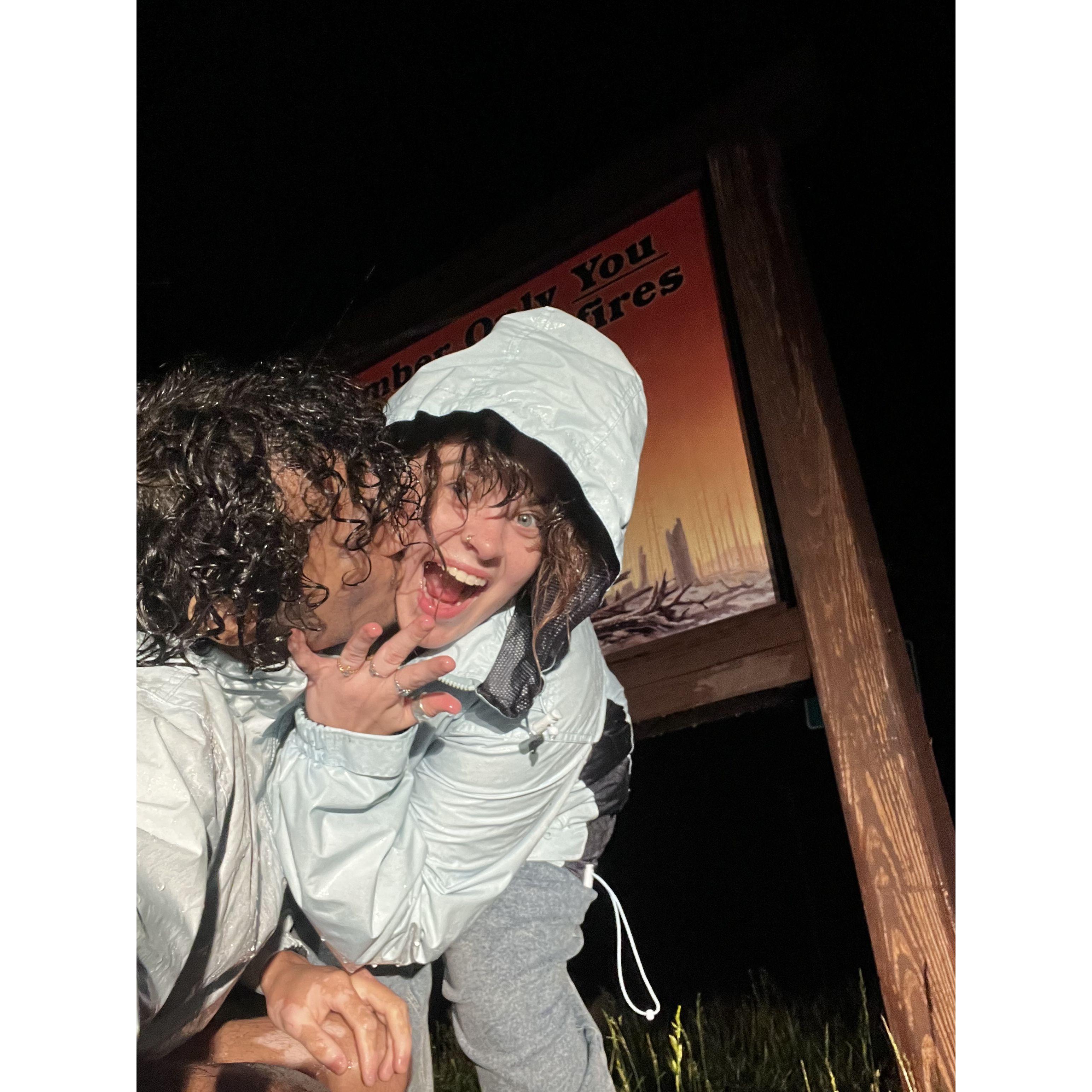 After the proposal...hiking down a mountain in the pouring rain with one flashlight<3