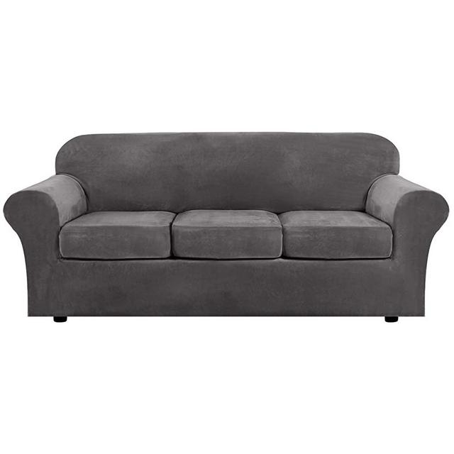 Modern Velvet Plush 4 Piece High Stretch Sofa Slipcover Strap Sofa Cover Furniture Protector Form Fit Luxury Thick Velvet Sofa Cover for 3 Cushion Couch, Machine Washable(Sofa,Gray)