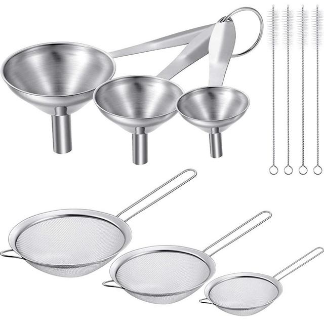 10 Pieces Stainless Steel Funnels Set, 6 Pieces Kitchen Funnels Canning Funnel Fine Mesh Stainless Steel Strainer Colander Sieve with 4 Pieces Stainless Steel Cleaning Brushes