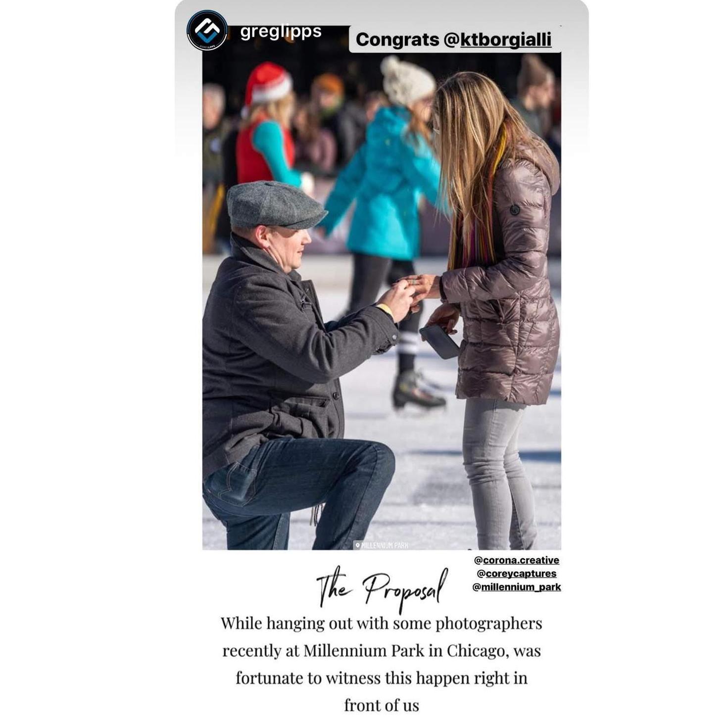 Our proposal was caught by a professional photographer! Ice rink at Millennium Park, Chicago.