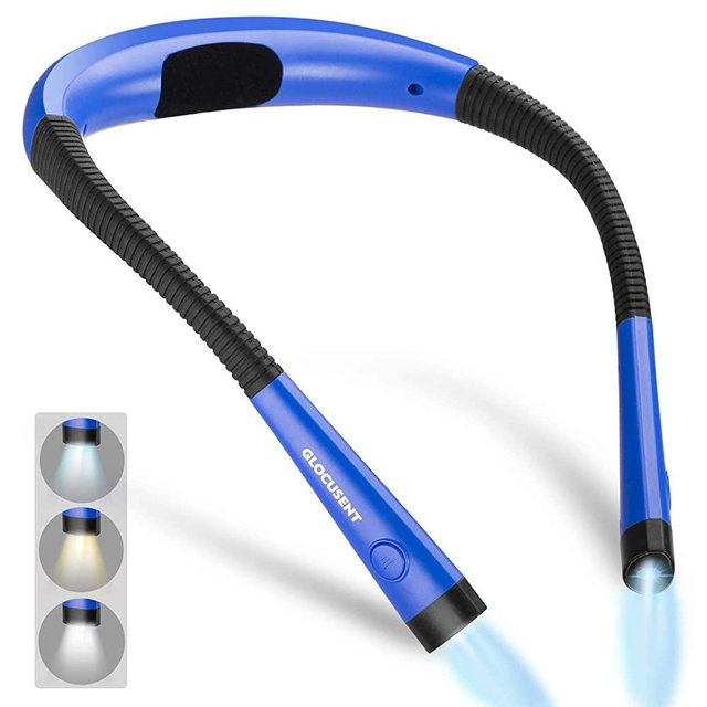 Glocusent LED Neck Reading Light, Book Light for Reading in Bed, 3 Colors, 6 Brightness Levels, Bendable Arms, Rechargeable, Long Lasting, Blue, Perfect for Reading, Knitting, Camping, Repairing