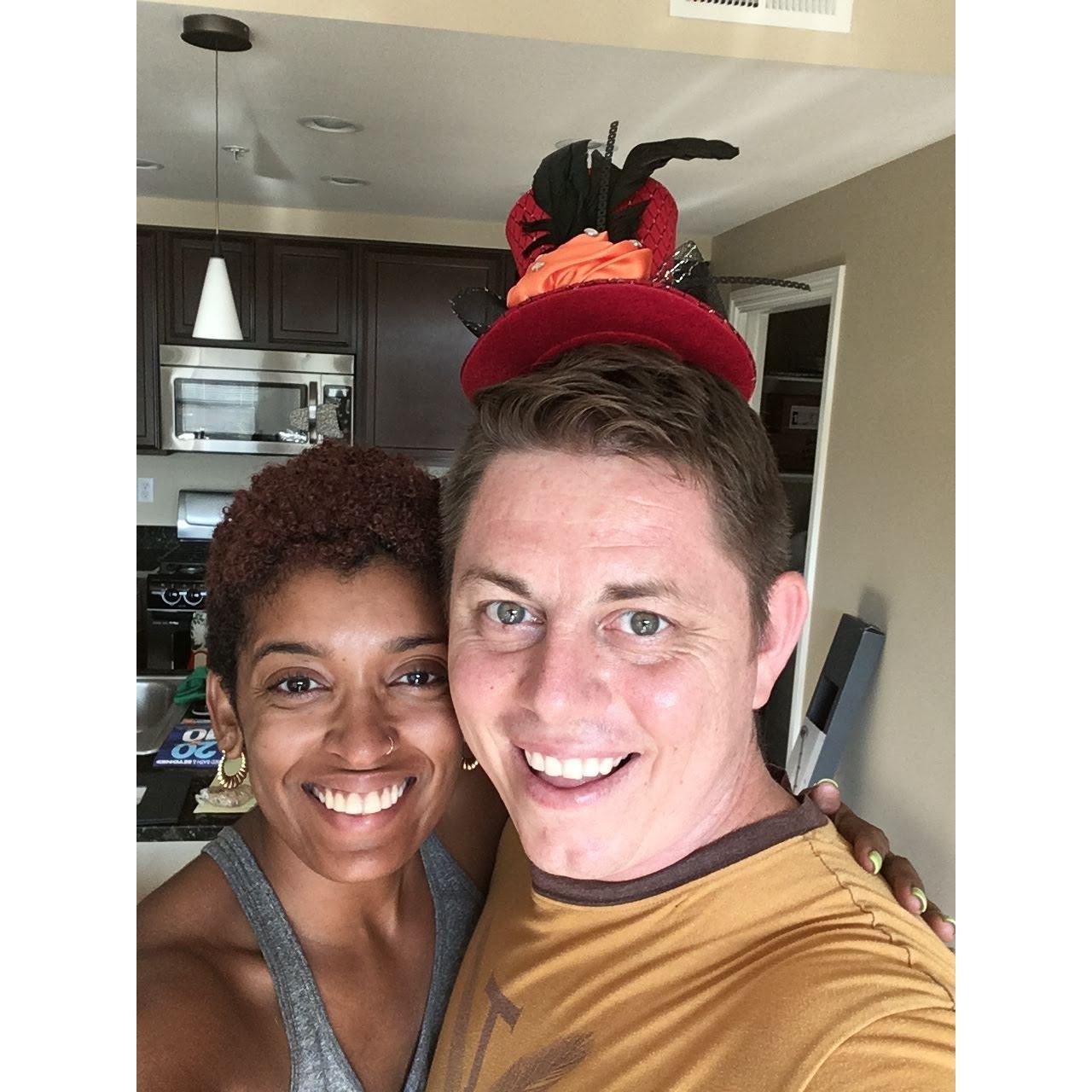 Trying on fun finds while helping Mom Mae unpack from her move (San Marcos, Aug. 2018)