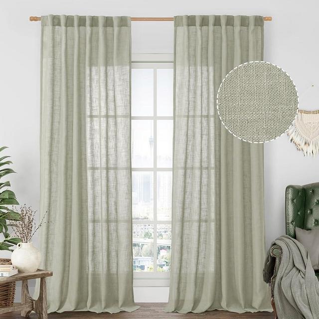 LAMIT Sage Grey Linen Curtains for Living Room 84 inch Length 2 Panels, Light Filtering Semi Sheer Panels Back Tab and Rod Pocket Farmhouse Panels for Bedroom/Sliding Glass Door, 52 x 84 Inch