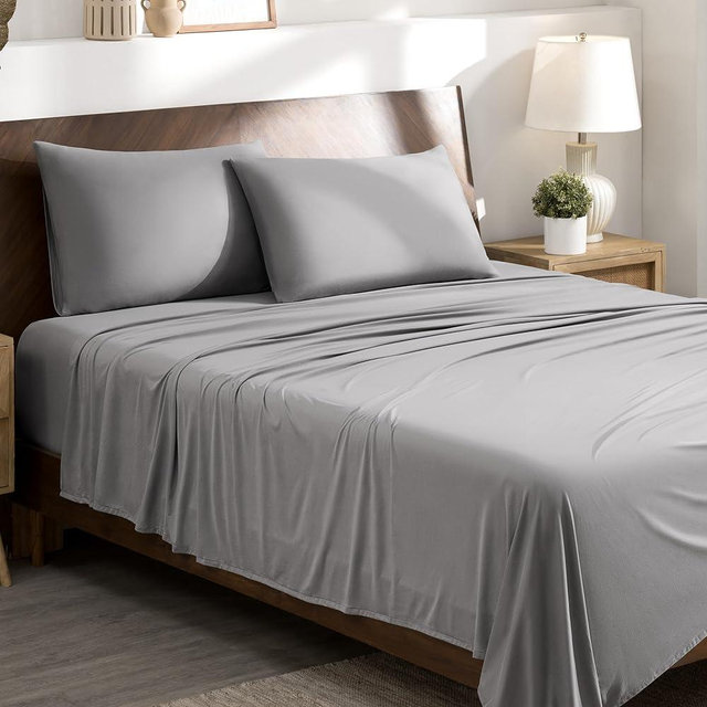Bare Home Cooling Performance Jersey Knit Stretch Sheet Set, Moisture-Wicking & Breathable, 4-Way Stretch Bed Sheets, Envelope Pillowcases (King, Light Grey)
