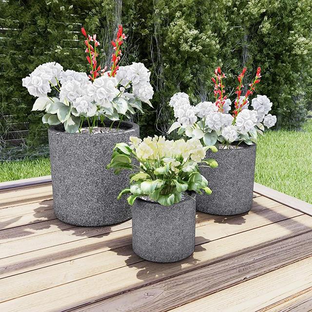 Pure Garden 50-LG1187 Fiber Clay Planters – Modern Decor Marbled Gray Cylinder Indoor or Outdoor Replanting Pots with Drainage Holes (Set of 3)