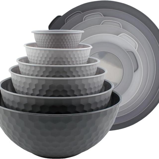 COOK WITH COLOR Mixing Bowls with Lids - 12 Piece Plastic Nesting Bowls Set includes 6 Prep Bowls and 6 Lids, Non Slip Bottom and Embossed Design - Microwave Safe (Black)