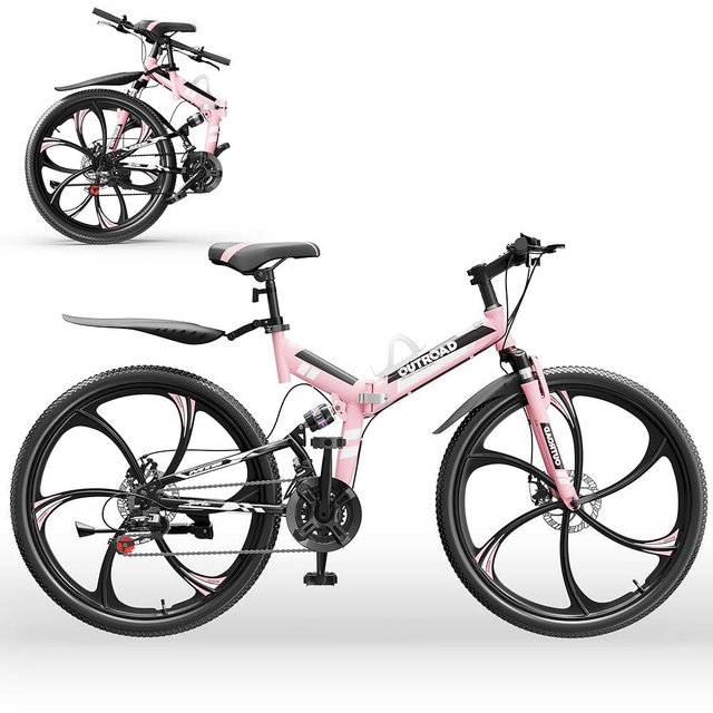 Outroad 26 Inch Folding Mountain Bike, 21 Speed Full Suspension High-Carbon Steel MTB Foldable Bicycle, Dual Disc Brake Non-Slip Folding Bikes for Adults/Men/Women, Black, Orange and Green