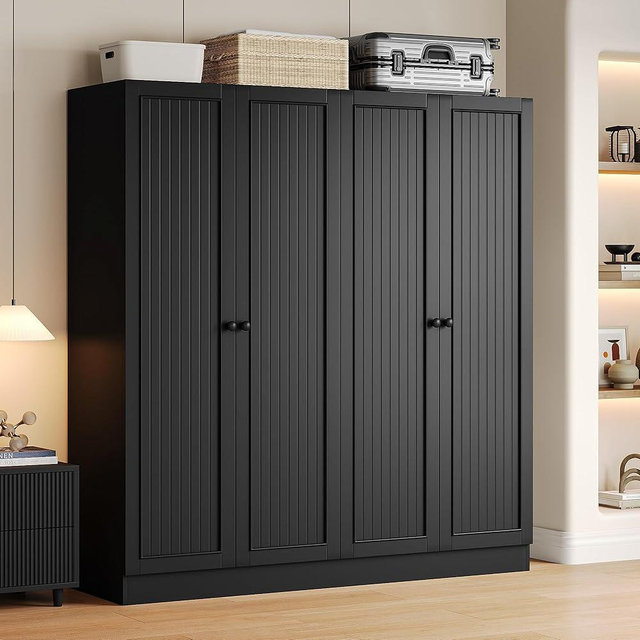 iPormis 4 Doors Armoire Wardrobe Closet with 2 Drawers, 63" Large Wardrobe Cabinet with Removable Hanging Rods and Adjustable Shelves, Closet Storage Cabinet for Bedroom, Cloak Room, Black