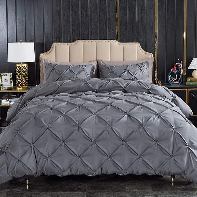 Litanika Dark Grey Pinch Pleat Duvet Cover King (104x90 Inch), 3 Pieces (1 Duvet Cover, 2 Pillow Cases) Bedding Set, Smooth Microfiber Pintuck Gray Duvet Cover Set with Zipper Closure, Corner Ties