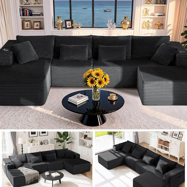 VYUXWO 138" Cloud Sectional Couch, Comfort U Shaped Boneless Couch for Living Room, Extra Deep Seats No Assembly, Minimalist Modular Sofa, Corduroy (Black, 3 Seater+Left Facing Chaise+Ottoman)