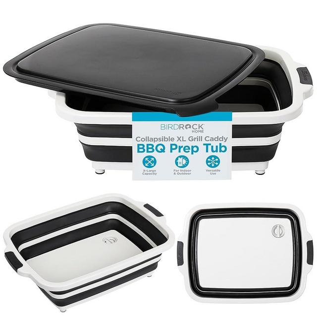 BIRDROCK HOME Collapsible XL BBQ Prep Tub w/Cutting Board, Multi-Function Grill Caddy w/Colander & Lid, Portable Silicone Dish Bowl for Picnic, Tailgate, Camping - Black