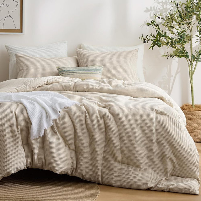 Bedsure Full Size Comforter Set Beige, Waffle Breathable Bedding Set, All Season Comforter with 3 Pieces, 1 Waffle Weave Comforter (86"x82") and 2 Pillowcases (20"x26")