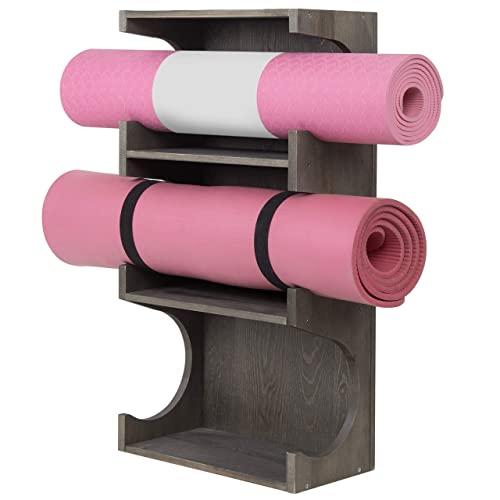 MyGift Wall-Mounted Vintage Gray Wood 3-Tier Yoga and Barre Mats Storage Rack