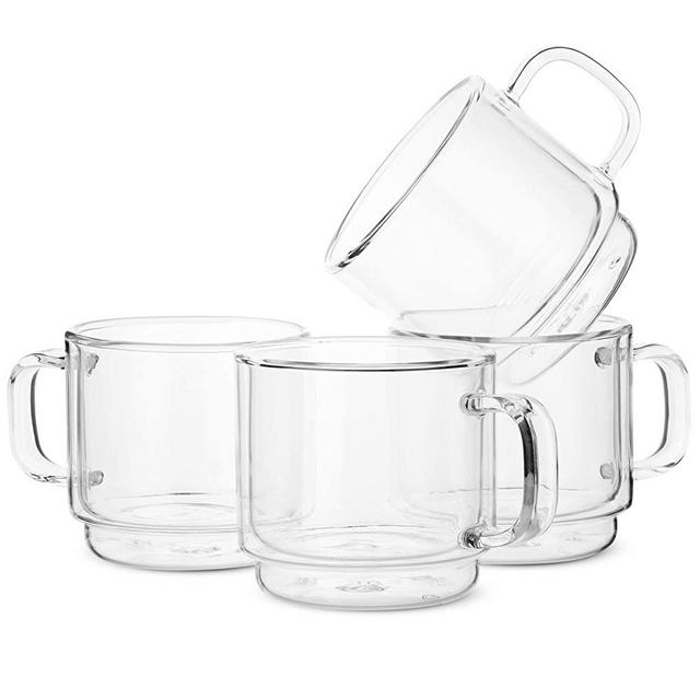 BTaT- Stackable Insulated Coffee Mugs, Glass Tea Mugs, Set of 4 (12 oz, 350 ml), Double Wall Glass Coffee Cups, Tea Cups, Latte Cups, Beer Glasses, Latte Mug, Clear Mugs, Glass Cappuccino Cups