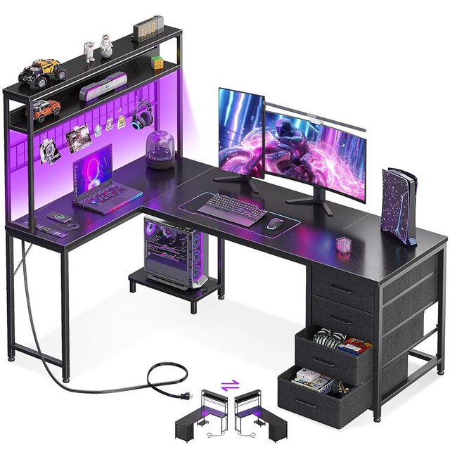 AODK L Shaped Desk Gaming Desk with LED Light & Power Outlet, 59 Inch Reversible L Shaped Computer Table with 4 Drawers for Home Office, Black