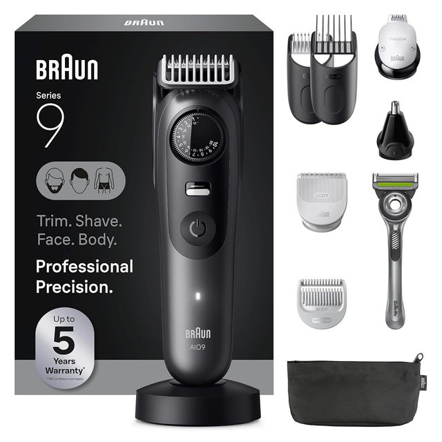 Braun All-in-One Series 9 Men’s Electric Beard Trimmer, Hair Clipper, Shaver & Razor for Face, Hair & Body, AIO 9535 with Gillette Labs Razor, Cordless