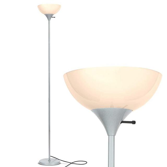 Brightech Sky Dome - Very Bright LED Torchiere Floor Lamp for Living Rooms & Offices– Dimmable Modern Standing Lamp – Tall Pole Light for Bedrooms – LED Bulb Included - Platinum Silver