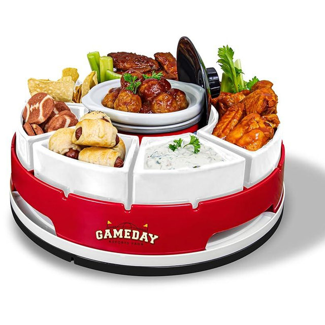 Nostalgia Game Day 6 Tray Lazy Susan and 20 Oz Warming Pot Appetizer Server with 4 Single-Sized and 2 Double-Sized Compartements for Chips, Veggies, Wings, Queso, Meatballs, Meatballs, and Chili