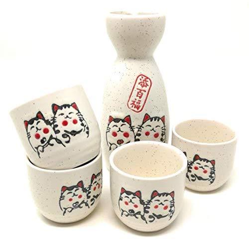 TJ Global 5-Piece Sake Set, Durable Ceramic Japanese Sake Set with 1 Carafe/Decanter/Tokkuri Bottle and 4 Ochoko cups for Hot or Cold Sake at Home or Restaurant - Cute Cat Design