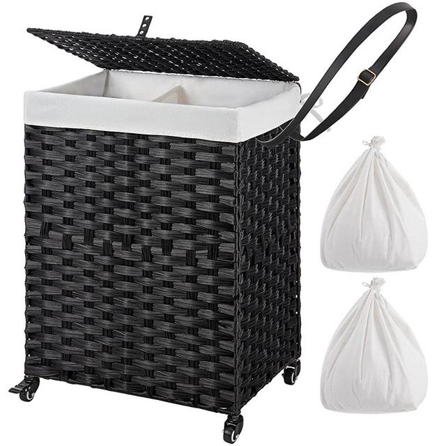 GREENSTELL Laundry Hamper with Wheels & 2 Removable Liner Bags, 90L Divided Handwoven Hampers, Synthetic Rattan Clothes Laundry Basket with Lid & Handles, Foldable Hampers Black 18x13x26.4 in