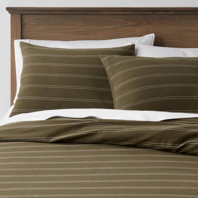 3pc Full/Queen Simple Woven Stripe Duvet & Sham Set Olive - Threshold™