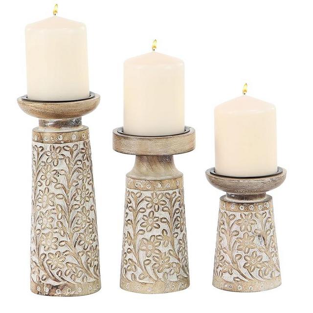 Deco 79 Mango Wood Floral Handmade Carved Pillar Candle Holder, Set of 3 6", 8", 10"H, Brown