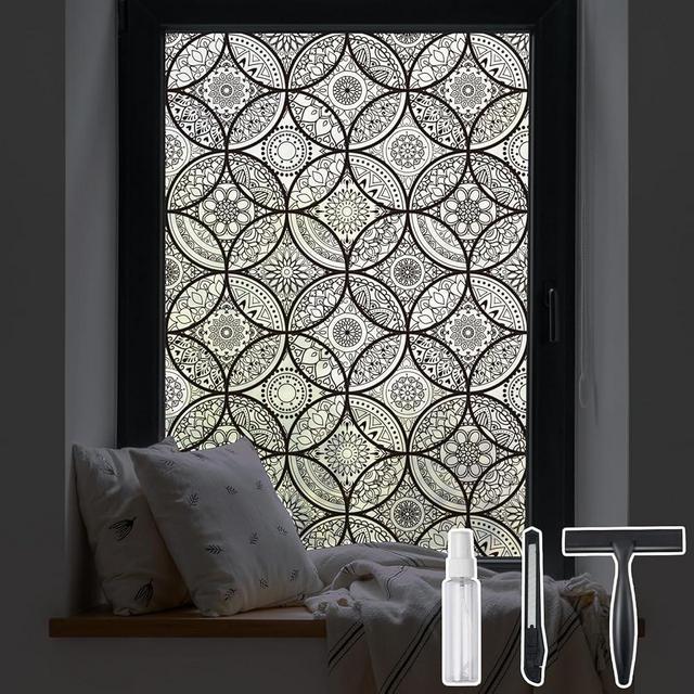 DKTIE Boho Stained Glass Look Window Privacy Film with Installation Tools, Decorative Frosted Glass Window Film Static Cling No Glue Removable, Pure Black, 17.7" x 118.1"