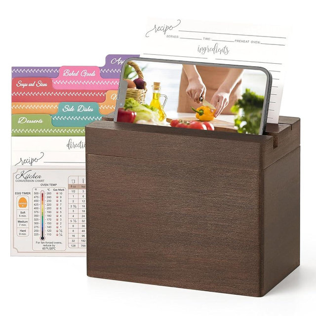 Dahey Double Slots Recipe Box Wooden Recipe Organizer with 100 Recipe Cards and 6 Dividers, Rustic Recipe Cards and Box Set with Phone Holder to Write in Your Own Recipes for Cooking Lovers Kitchen