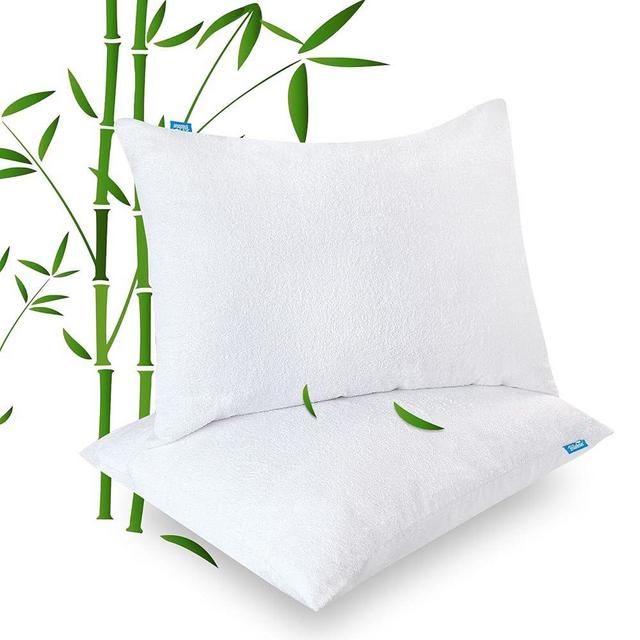 Waterproof Pillow Protector Standard Size 2 Pack 100% Viscose Made from Bamboo Cooling Pillow Cases Noiseless Hidden Zipper fit 26”X20” White Pillows Encasement Pillowcase Covers