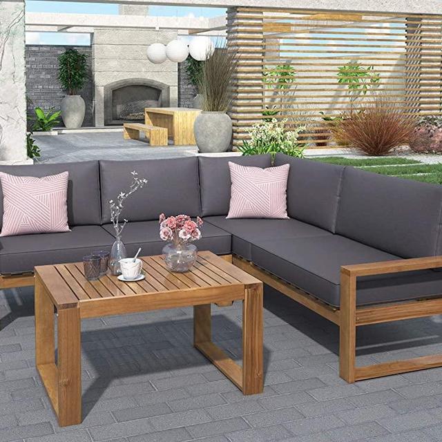 3 Piece Outdoor Patio Furniture Set, Acacia Wood Sectional Sofa w/Seat Cushions, Patio Sectional Conversation Seat with Couches and Coffee Table