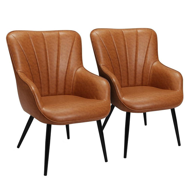 PrimeZone Faux Leather Living Room Chair - Mid Century Modern Accent Chair Upholstered Sofa Chairs with Metal Legs, Wingback Armchair for Bedroom,Office, Dining Room, Office, Brown, Set of 2