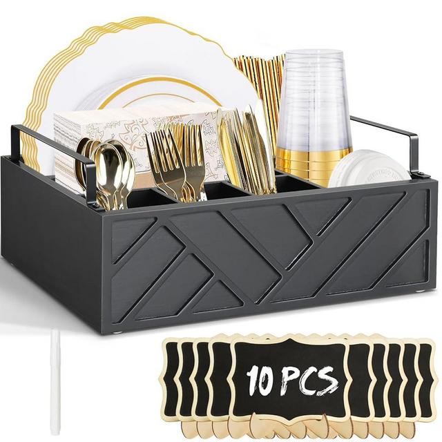 Paper Plate Dispenser with 10 Mini Chalkboard Signs, Wood Paper Plate Holders, Utensil Holder for Party Camping Buffet, Cutlery Flatware Organizer Box, Silverware Caddy for Plate Cup Fork Spoon(Black)