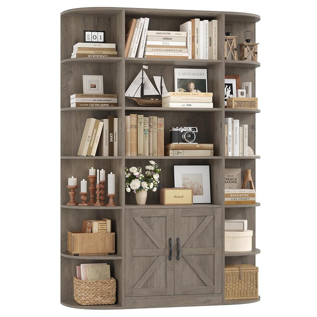 HOSTACK 75" Tall Book Shelf and Bookcase, 6 Tier Bookshelf with Storage, 47" Wide Bookcase with Door, Freestanding Wood Display Shelves with Book Storage Cabinet for Home Office, Living Room, Ash Grey