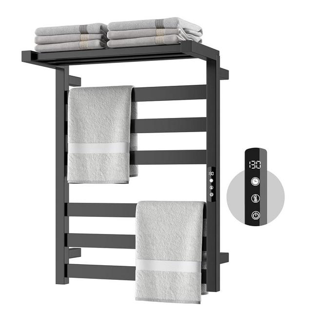 Chomolhari Tower Warmer Rack, 6 Bars Stainless Steel Wall Mounted Electric Heated Towel Rack for Bathroom, Built-in Timer, Hard-Wired & Plug in, Glossy Black (Glossy Black)