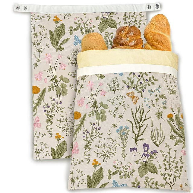 Herbs Wild Flowers 2 Pack Reusable Beeswax Bread Bags for Homemade Bread, Linen Bags for Sourdough, Gifts for Baker