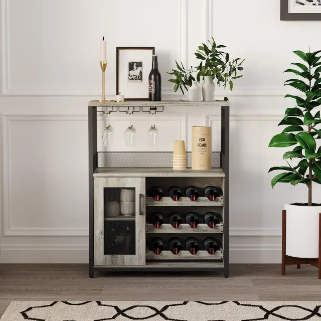 3-Tier Wine Bar Cabinet with Wine Rack and Storage Space, Buffet Cabinet with Glass Holder and Mesh Door, for Kitchen, Living Room and Bar