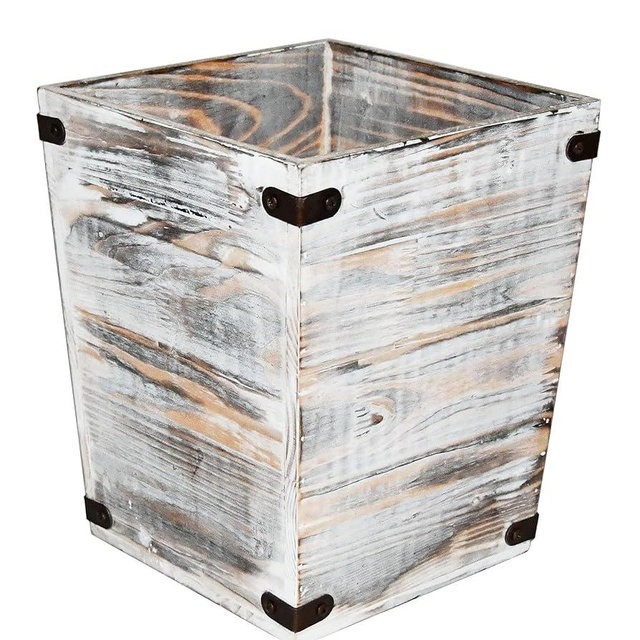 Owlgift Decorative Rustic Whitewashed Wood Trash Can, Farmhouse Stylish Wooden Waste Basket Near Desk, Square Garbage Cans Trashcan with Metal Brackets for Office, Bedroom & Bathroom